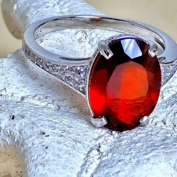 925 Sterling Silver Ring with Natural  Hessonite Garnet Gem & CZ - Picture 1 of 16